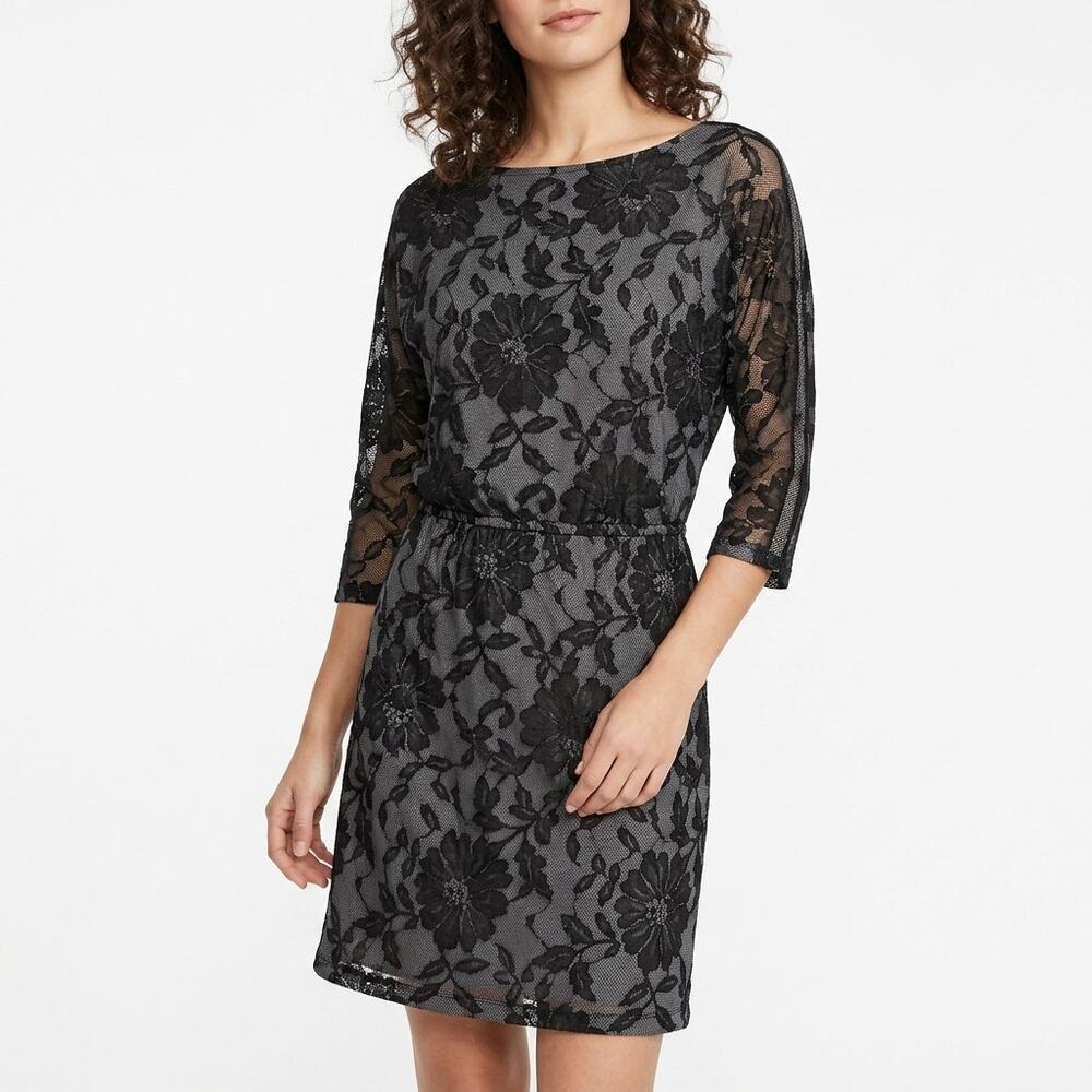 Express Polyester Blend Gray Sheath Knee Length Floral Dress Women Size S